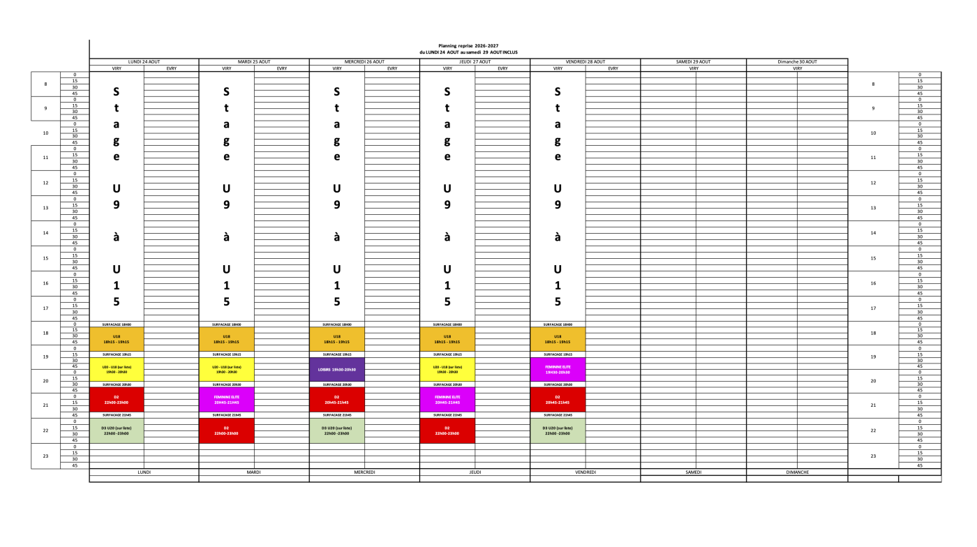 Planning semaine de stage du 24 au 28 août