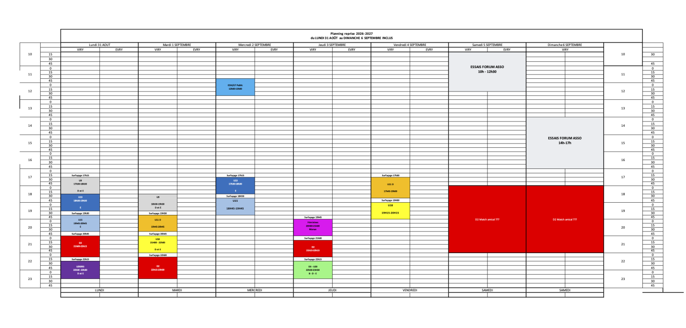 Planning semaine de reprise du 31/08 au 06/09